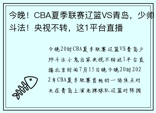 今晚！CBA夏季联赛辽篮VS青岛，少帅斗法！央视不转，这1平台直播